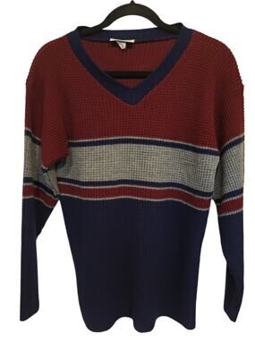 Vintage Arielle Sweater 90's Small, Red Blue Gray Stripe Knit V Neck